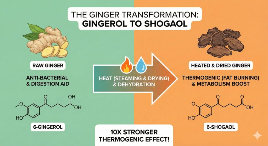열을 가했을 때 생강의 '진저롤' 성분이 '쇼가올'로 변환되며 체온 상승 효과가 10배 증가함을 보여주는 성분 변화 인포그래픽.