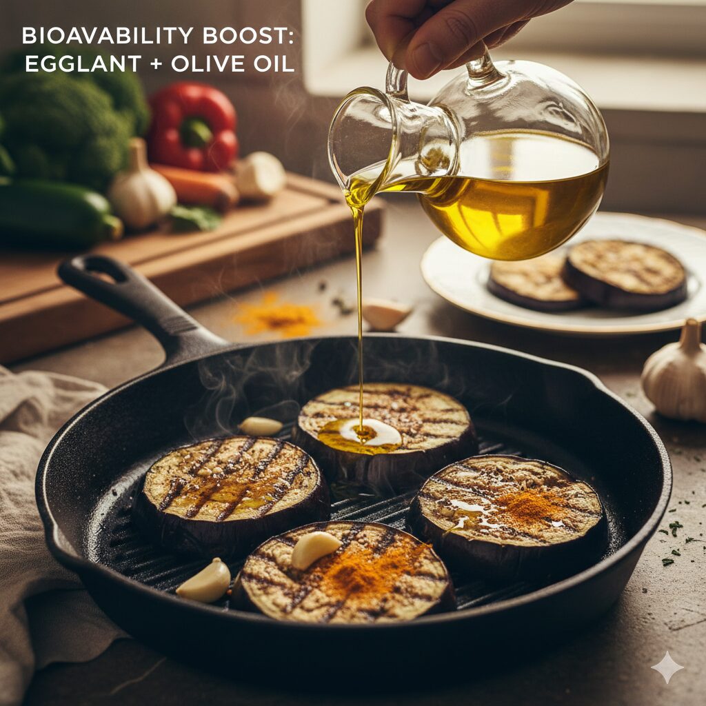 Slices of eggplant being grilled with golden extra virgin olive oil. This illustrates the synergy between eggplant and healthy fats for maximum nutrient absorption.