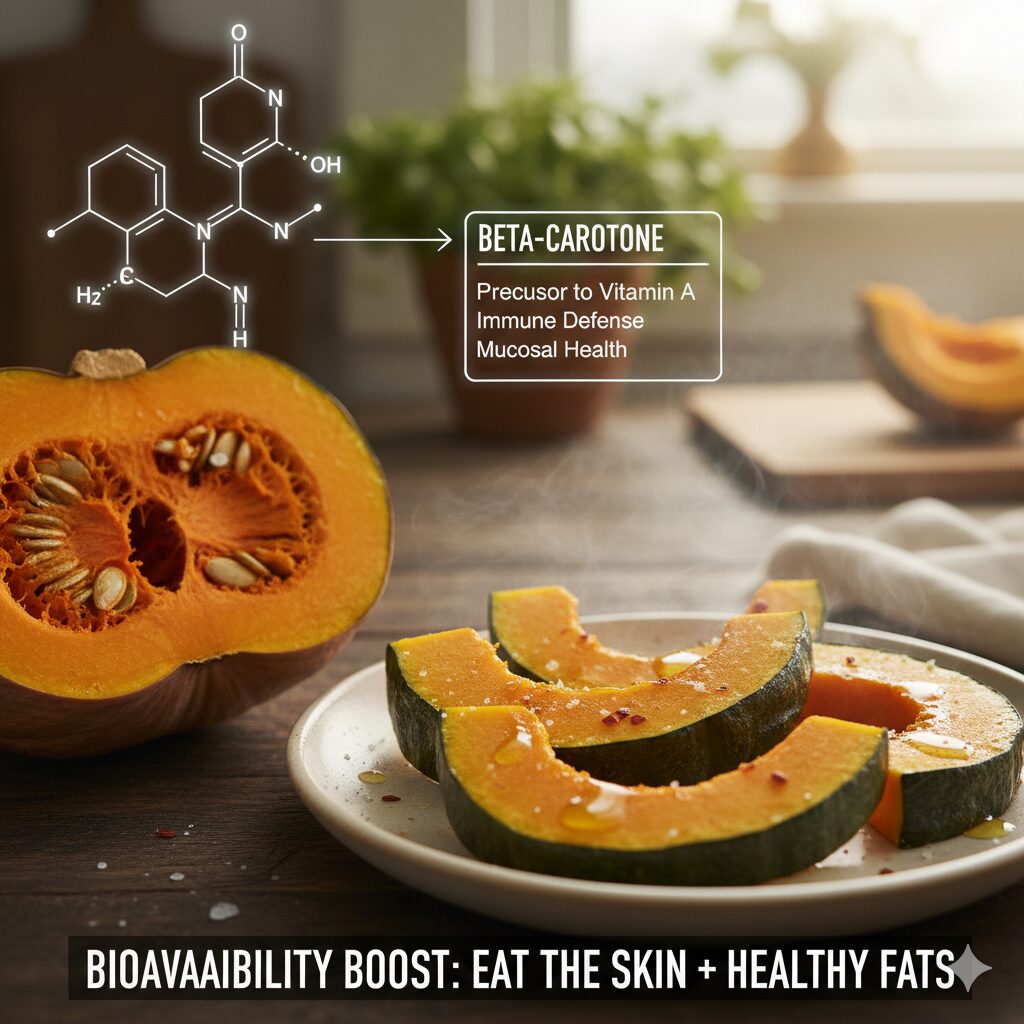 속이 노란 단호박의 단면과 함께 베타카로틴의 분자 구조와 면역 및 점막 건강을 위한 비타민 A 전환 과정을 보여주는 하이테크 오버레이 이미지.