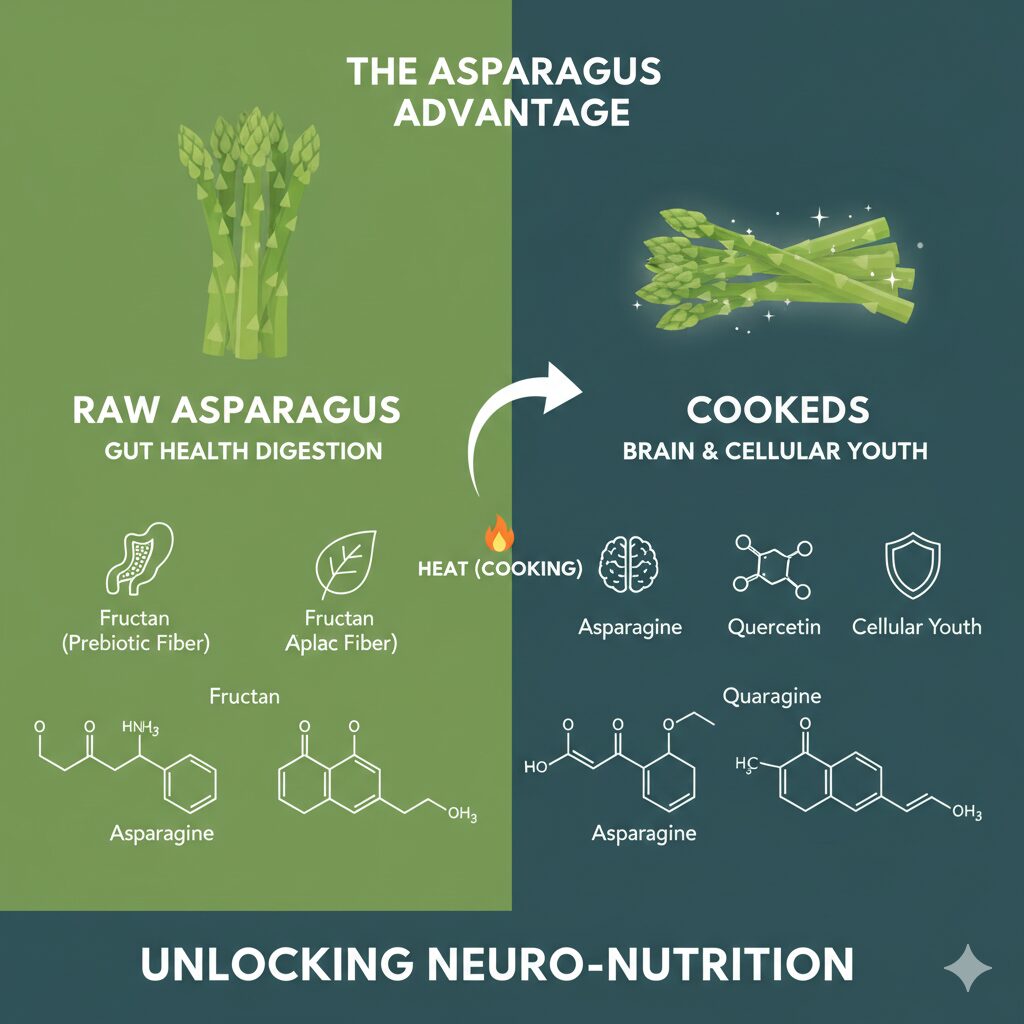 생 아스파라거스(프락탄으로 장 건강)와 익힌 아스파라거스(아스파라긴으로 뇌 기능, 퀘르세틴으로 세포 젊음 증진)를 비교하여 아스파라거스의 영양 변화를 보여주는 인포그래픽.