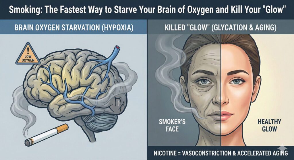 흡연으로 인해 수축된 혈관이 세포 저산소증(Hypoxia)을 유발하는 모습과 건강한 혈류를 대조하여 흡연의 폐해를 강조한 일러스트.