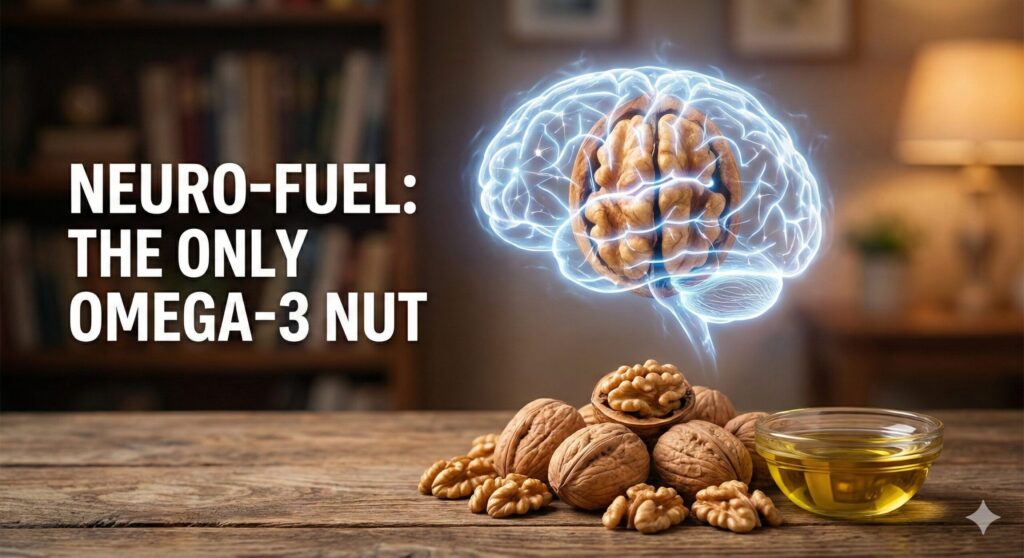 A conceptual image showing a walnut kernel perfectly glowing in the shape of a human brain, illustrating it as the primary source of plant-based Omega-3 (ALA) for cognitive health.