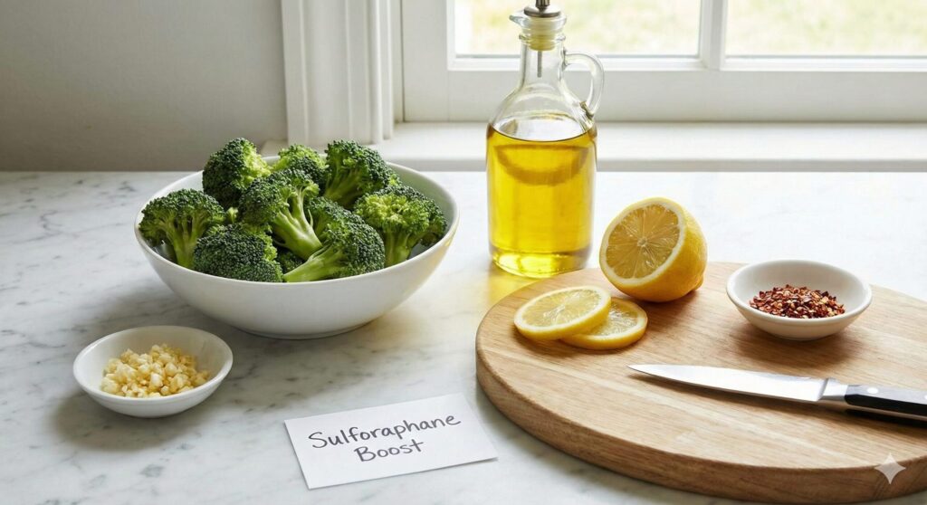 Fresh cut broccoli florets, minced garlic cloves, a bottle of olive oil, and lemon slices on a marble countertop, preparing for a healthy biohacking recipe.