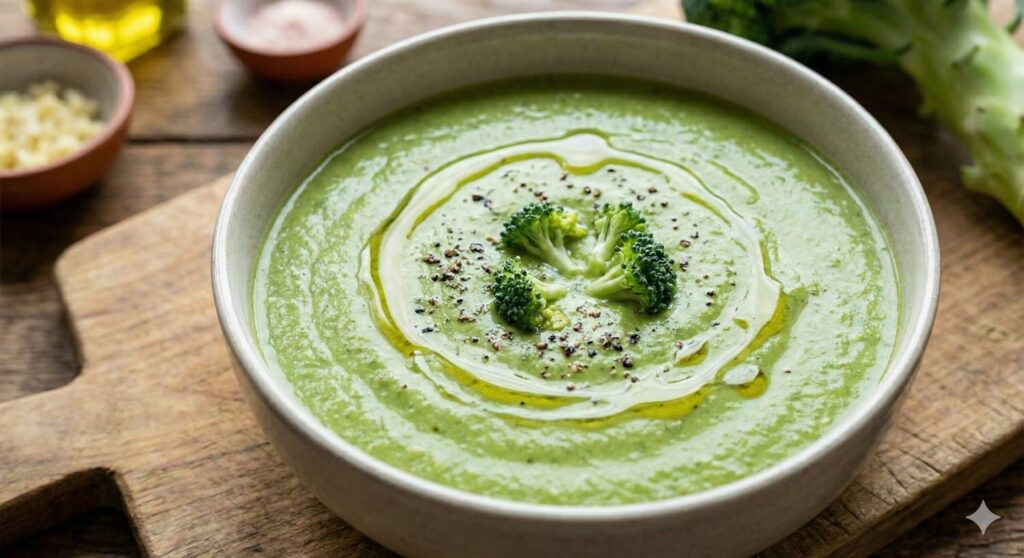 A close-up of a bowl of vibrant green, creamy broccoli soup garnished with a drizzle of olive oil and black pepper, representing cellular detoxification.
