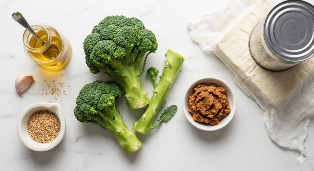 신선한 브로콜리, 물기 뺀 두부, 전통 된장, 들기름 등 브로콜리 두부 무침 레시피를 위해 정확히 계량된 원재료 모음.