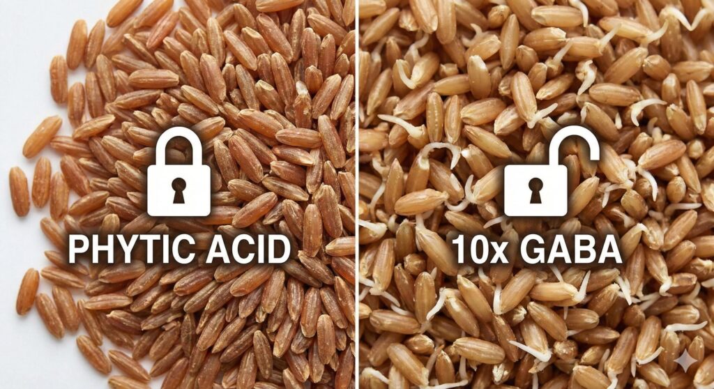 An infographic comparing dormant brown rice (high phytic acid) with sprouted brown rice (high GABA). It visually demonstrates how the sprouting process unlocks nutrients and neutralizes anti-nutrients.