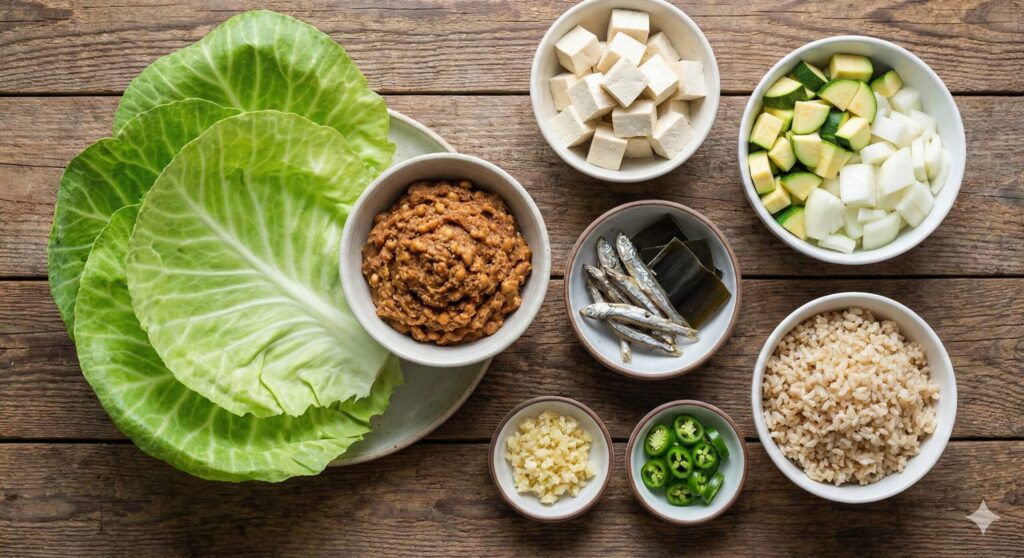 Fresh biohacking ingredients for cabbage wraps and Gangdoenjang, including raw green cabbage leaves, a bowl of fermented doenjang paste, diced tofu, zucchini, and a bowl of cooked rice.