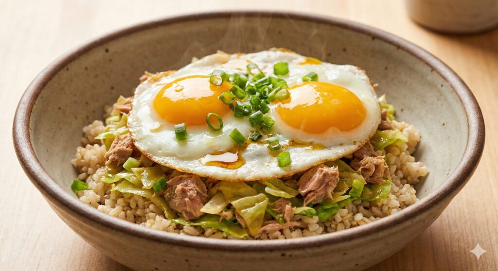 장-뇌 축 건강을 위해 써니사이드업 계란과 들기름을 뿌린 완성된 따뜻한 양배추 참치 덮밥 플레이팅.