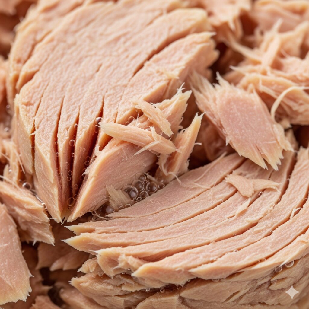 Close-up macro shot of flaked skipjack tuna packed in water, showing lean protein texture without excess oil.
