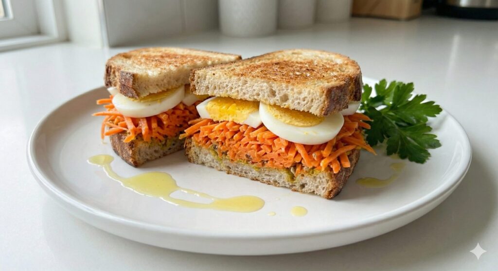 A perfectly assembled biohacking carrot rape sandwich on toasted sourdough bread, highlighting the bright orange beta-carotene filling.