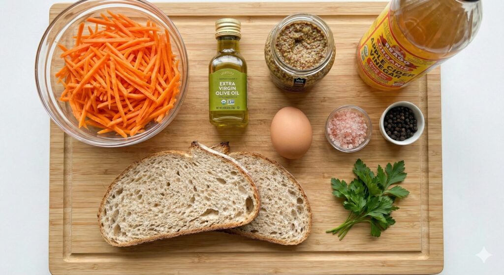 Fresh biohacking ingredients for a carrot rape sandwich, including julienned carrots, authentic sourdough bread, extra virgin olive oil, and a pasture-raised egg.