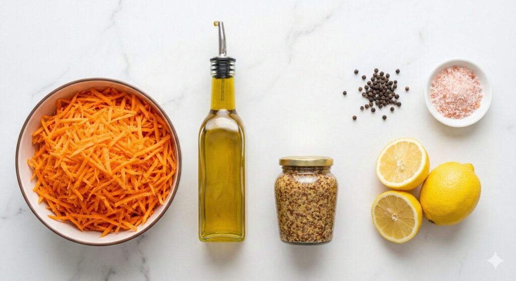 채 썬 당근, 엑스트라 버진 올리브 오일, 홀그레인 머스타드, 레몬, 핑크 솔트 등 바이오해킹 당근 라페를 위해 정확히 계량된 원재료 모음.