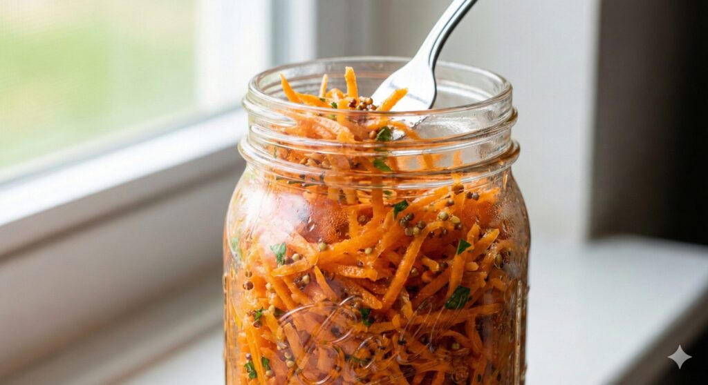 피부 윤광을 위해 설계된, 올리브 오일 드레싱으로 윤기가 흐르고 머스타드 알갱이와 파슬리가 콕콕 박힌 유리병에 담긴 완성된 당근 라페 샐러드 클로즈업.