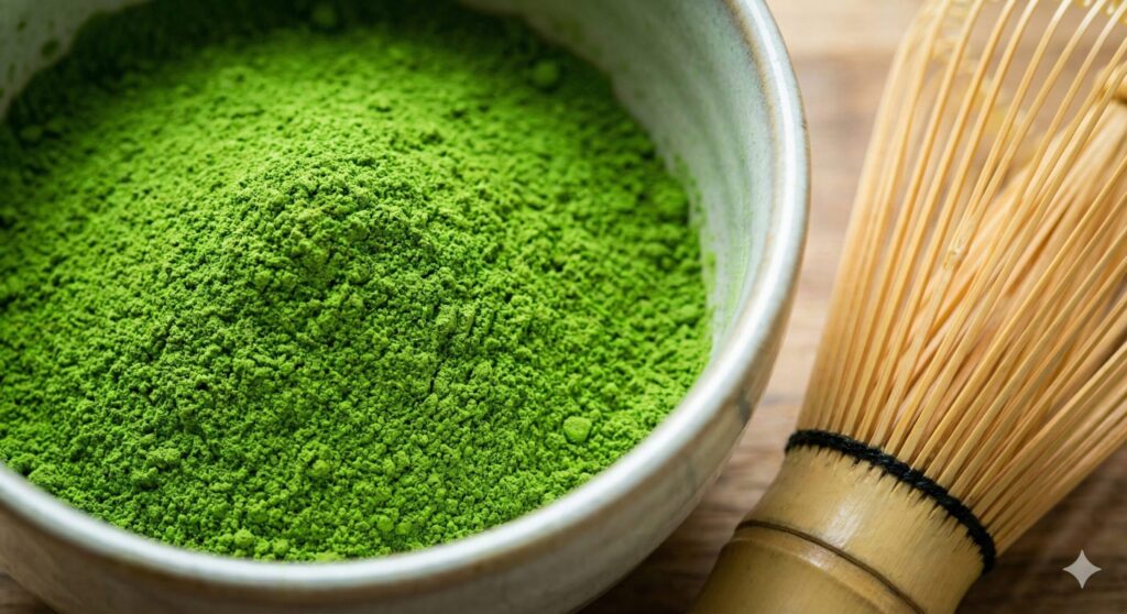 바이오해킹을 위한 최상급 세러모니얼 등급 말차 파우더의 선명한 녹색 질감과 이를 격불하기 위한 전통 대나무 차선(Chasen) 클로즈업.