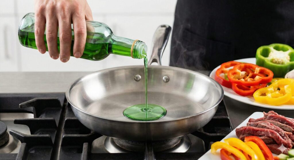 달궈진 스테인리스 팬에 맑은 에메랄드빛 아보카도 오일을 붓는 손의 클로즈업 사진. 옆에는 신선한 스테이크와 파프리카가 준비되어 있어, 연기나 독소 걱정 없이 고기나 채소를 굽는 아보카도 오일의 활용법을 보여준다.