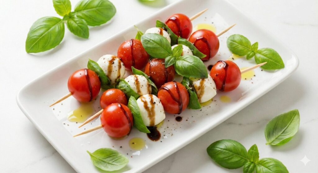 Beautifully arranged cherry tomato and mozzarella skewers drizzled with olive oil and balsamic glaze on a white ceramic plate, ready as an antioxidant snack.