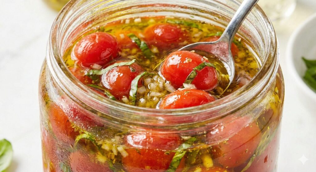 A glass jar of chilled cherry tomato marinade glistening with olive oil, basil, and onions, optimized for lycopene absorption and anti-aging.