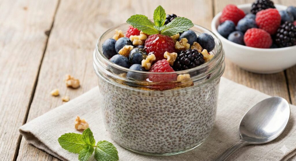 블루베리와 견과류가 토핑된 신선한 치아 푸딩. 혈당 안정을 돕는 건강한 바이오해킹 아침 식사.