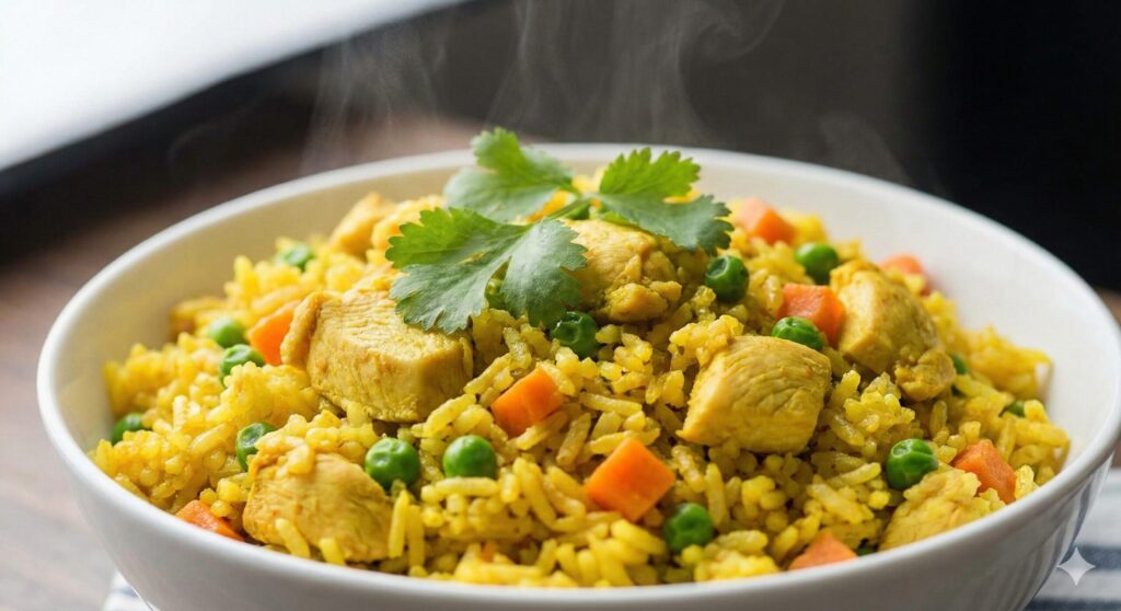 A close-up of a bowl of steaming chicken curry fried rice, with visible chicken pieces, peas, carrots, and cilantro garnish.