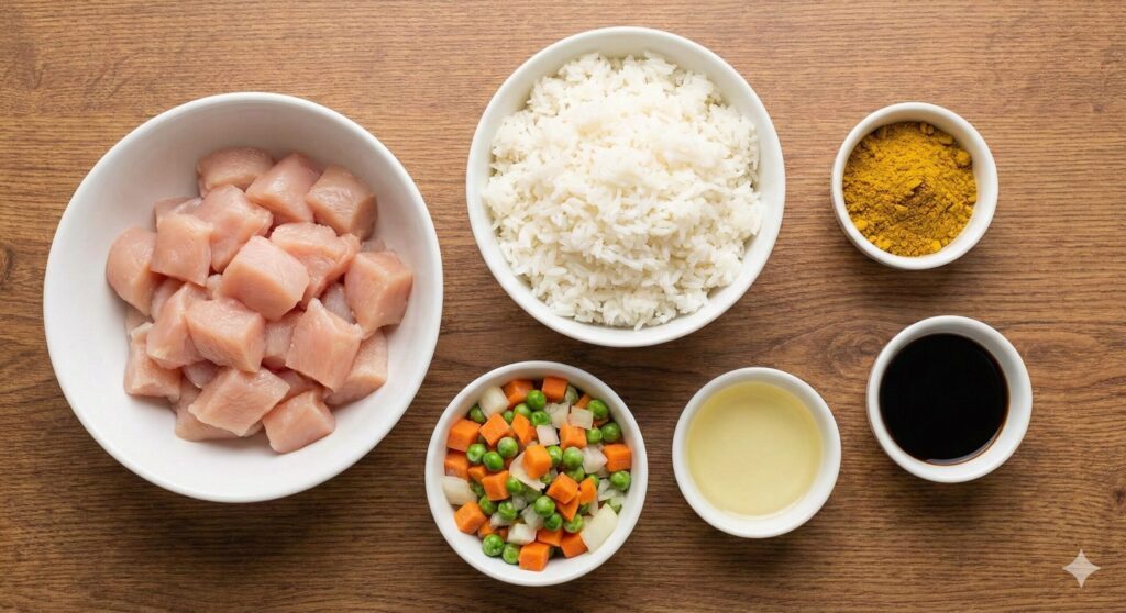 A flat lay of the raw ingredients for chicken curry fried rice: diced chicken breast, cooked rice, curry powder, mixed vegetables, oil, and soy sauce on a wooden table.