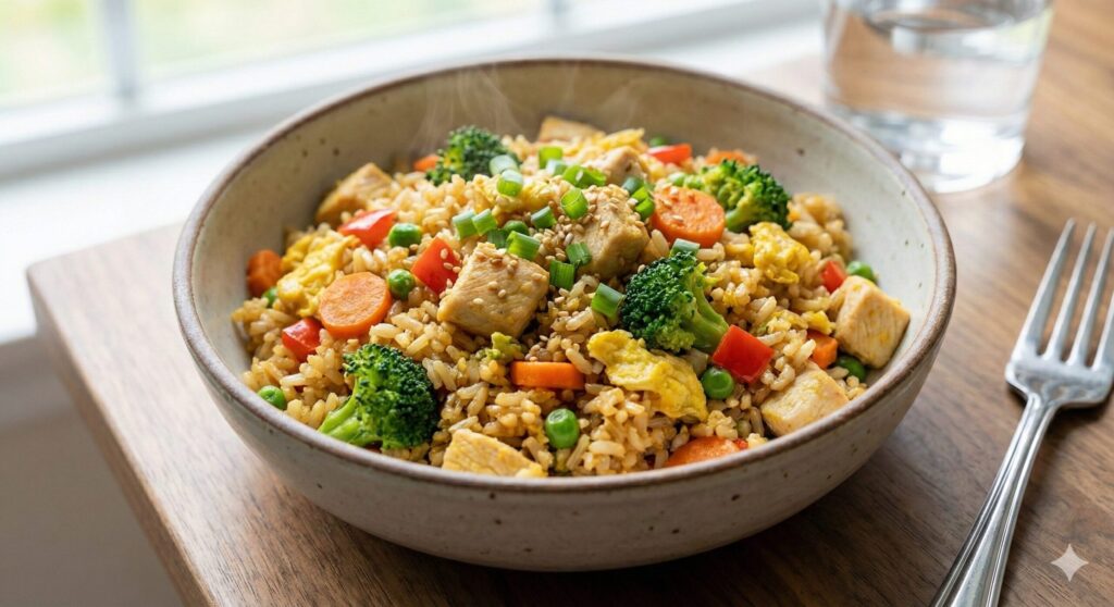 A warm bowl of finished biohacking chicken breast fried rice, packed with resistant starch and protein, garnished with sesame seeds for the ultimate anti-inflammatory meal.