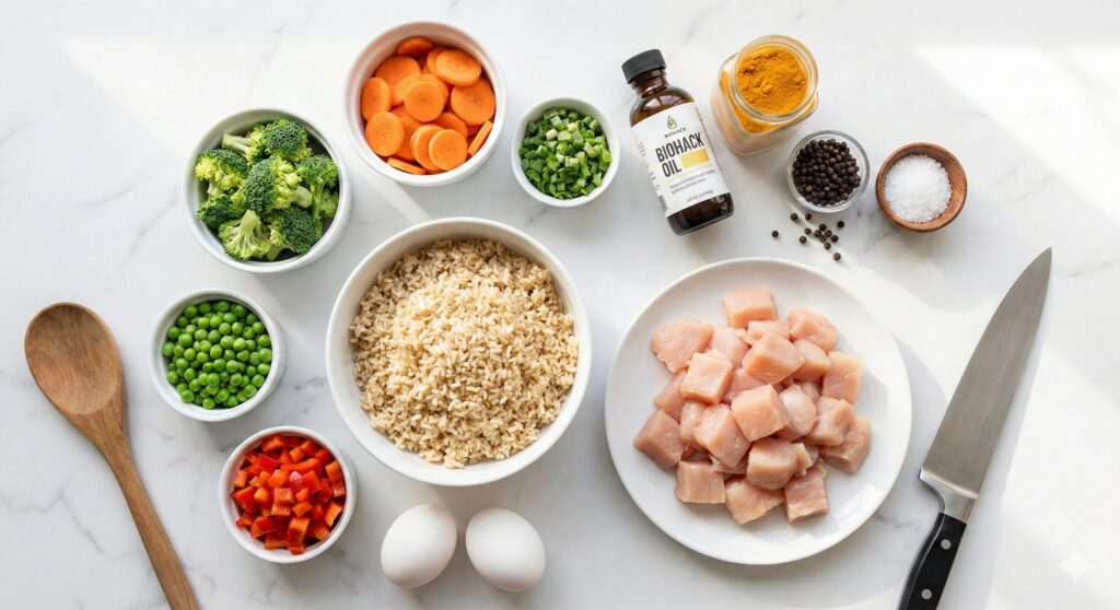 Fresh raw ingredients for biohacking chicken breast fried rice, including diced chicken breast, cooled brown rice, fresh vegetables, eggs, and healthy oils laid out on a marble counter.
