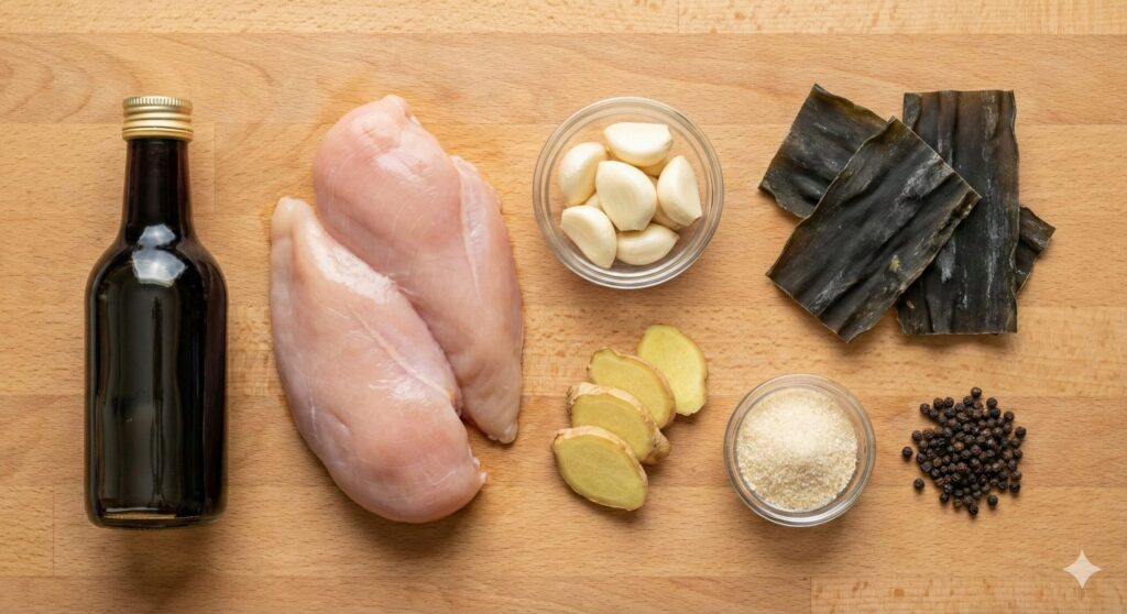 Measured raw ingredients for biohacking chicken breast jangjorim including raw chicken breasts, traditional soy sauce bottle, whole garlic cloves, sliced ginger, dried kelp, and allulose sweetener.