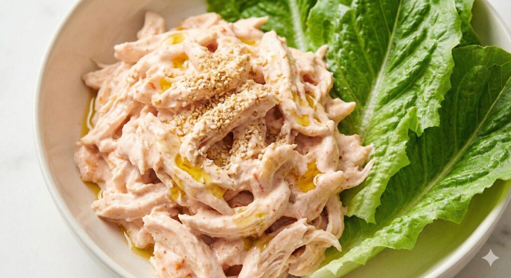 장-근육 축 건강을 위해 그릭 요거트와 다진 김치로 버무려 생들기름을 뿌린 완성된 크리미한 닭가슴살 김치 마요 플레이팅.