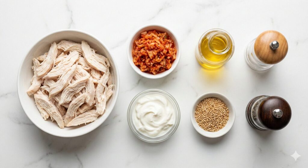 찢은 닭가슴살, 다진 김치, 그릭 요거트, 들기름 등 닭가슴살 김치 마요 레시피를 위해 정확히 계량된 원재료 모음.