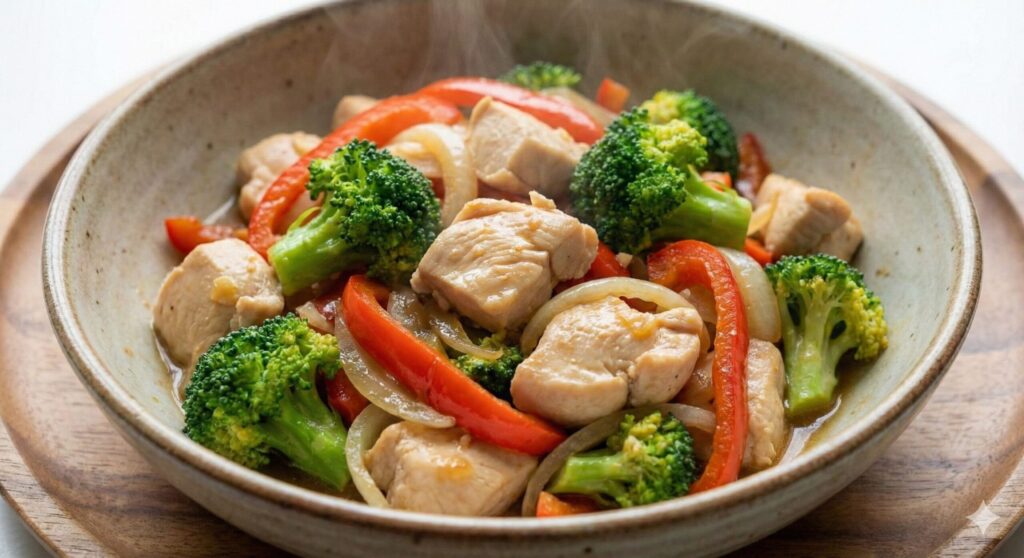 A close-up of a finished chicken breast and vegetable stir-fry with tender chicken, vibrant broccoli, and bell peppers, showing steam and a light sauce.