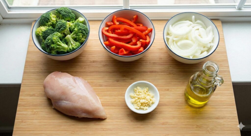 Fresh biohacking ingredients for a chicken breast and vegetable stir-fry, including raw chicken breast, vibrant broccoli, red bell peppers, onions, garlic, and avocado oil.