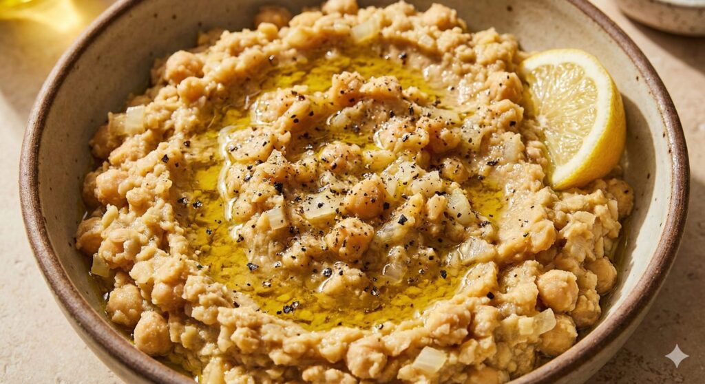 장 건강과 지속적인 에너지를 위해 올리브 오일과 후추를 뿌린 완성된 거친 질감의 병아리콩 매쉬 샐러드 플레이팅.