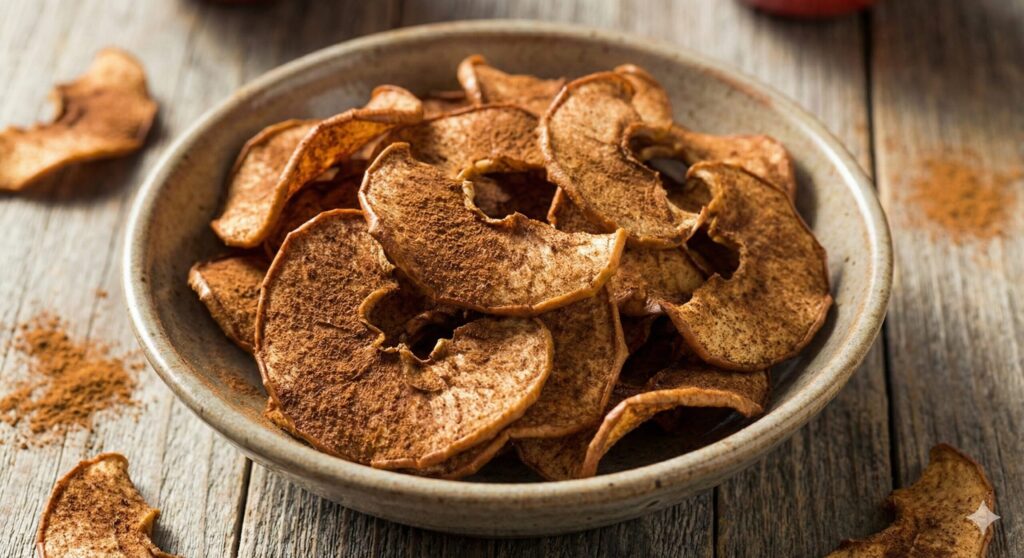 넉넉한 시나몬 코팅과 바삭하게 말린 가장자리가 돋보이는, 완벽하게 건조된 바이오해킹 시나몬 애플 칩이 그릇에 담긴 클로즈업 사진.