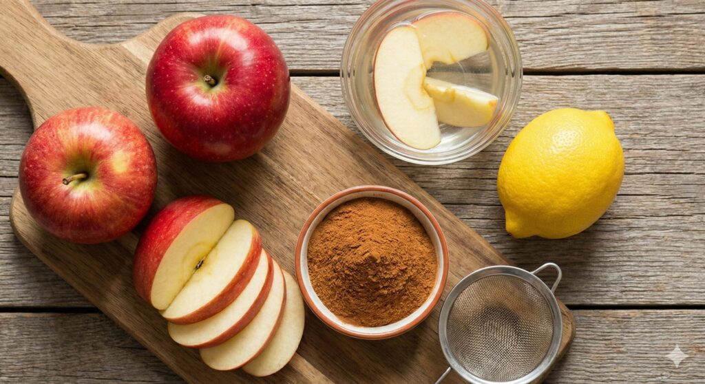 빨간 사과 두 알, 시나몬 파우더, 갈변 방지를 위한 레몬 등 바이오해킹 시나몬 애플 칩을 위한 신선한 재료들.