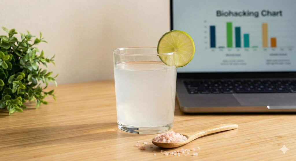 브리짓준의 책상 위에 놓인 코코넛 워터와 핑크솔트, 바이오해킹 루틴을 상징하는 감성적인 연출 컷.