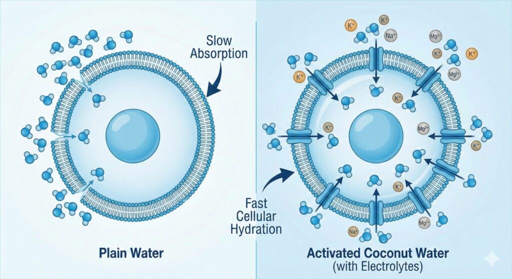 일반 물과 활성 코코넛 워터의 세포 흡수율을 비교한 시각 자료.