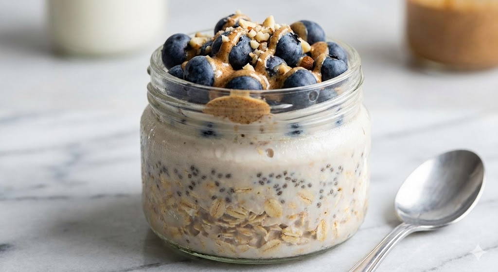 차가운 대리석 위에 놓인 오버나이트 오트밀 유리병. 표면에 물방울이 맺혀 있어 시원한 상태임을 보여주며, 신선한 블루베리와 견과류가 토핑된 건강한 아침 식사.