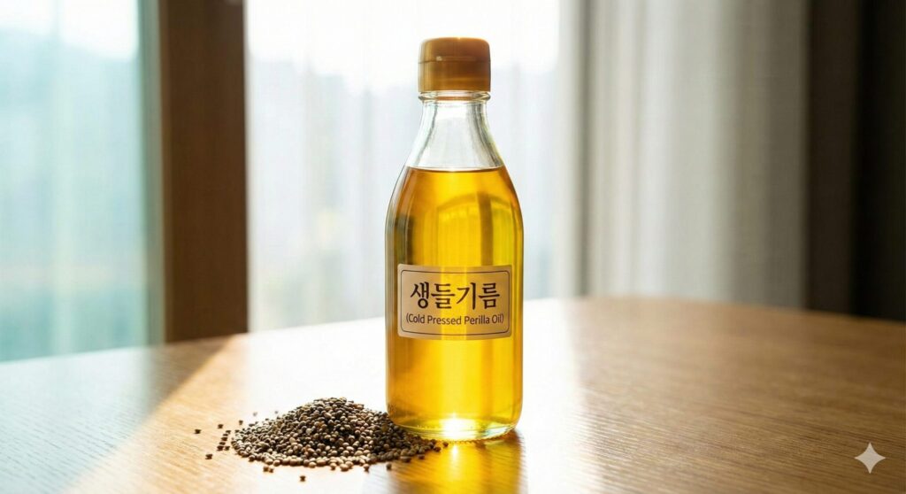 A bottle of golden, cold-pressed raw perilla oil, the highest plant-based source of Omega-3 ALA, next to perilla seeds under natural light.