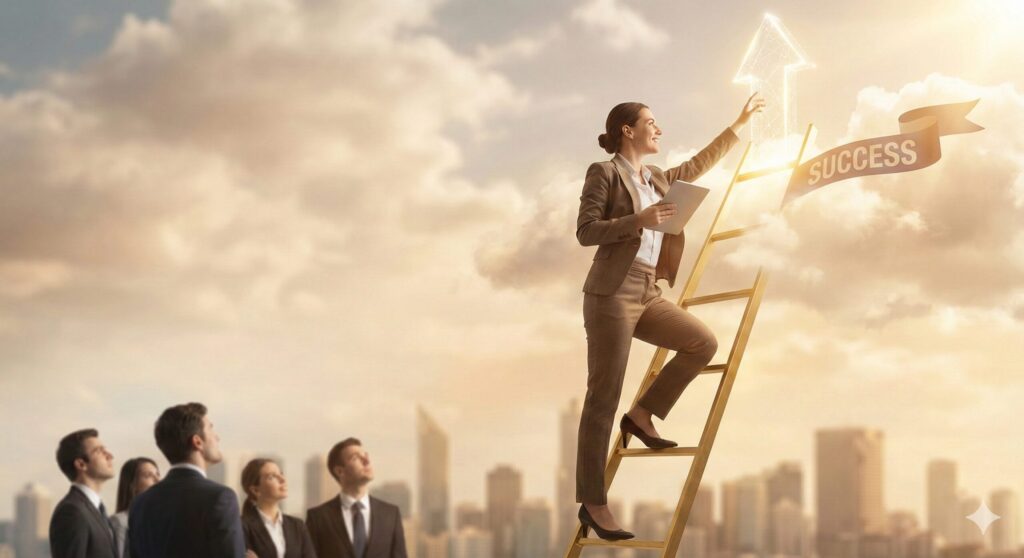 건강하고 자신감 넘치는 비즈니스맨이 성공의 사다리를 오르는 모습, 자기 관리와 부의 상관관계.