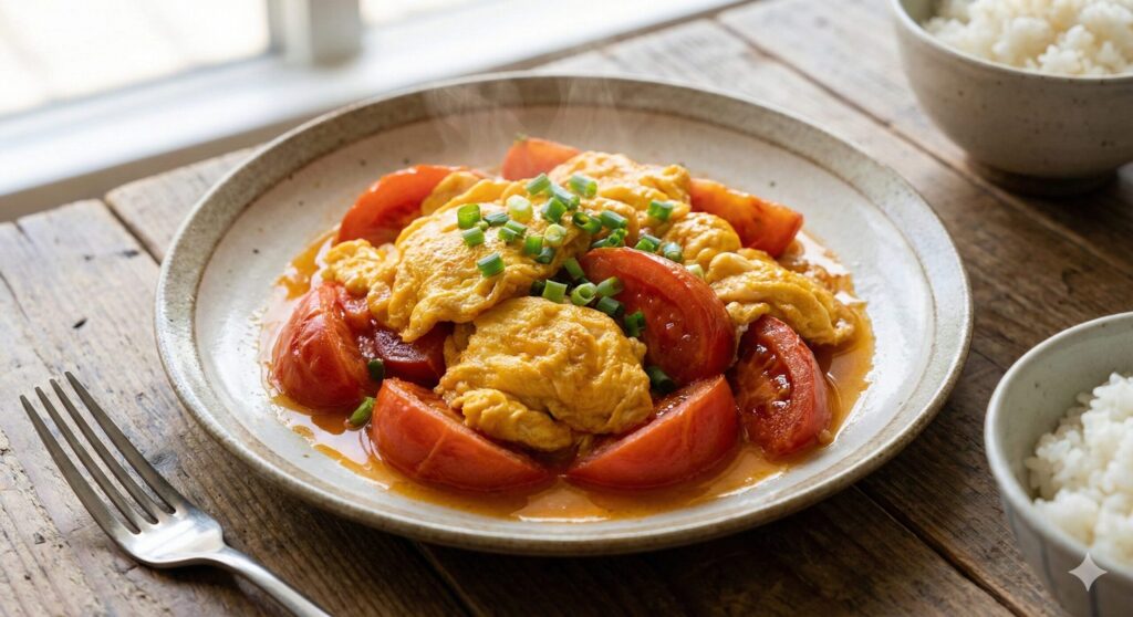 Warm tomato and egg stir-fry dish, highlighting the released lycopene oil and fluffy eggs.