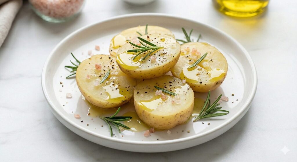 Sliced cold potatoes drizzled with olive oil and seasoned with pink salt, serving as a resistant starch meal.