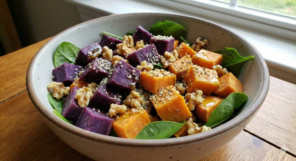 Cooked and cooled sweet potato cubes served as a salad to maximize resistant starch content for improved gut health.