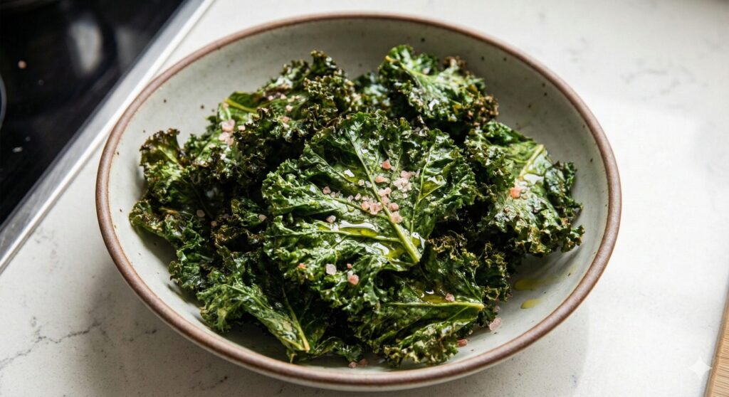 핑크솔트와 올리브오일로 구워낸 바삭한 케일 칩, 건강한 바이오해킹 간식.