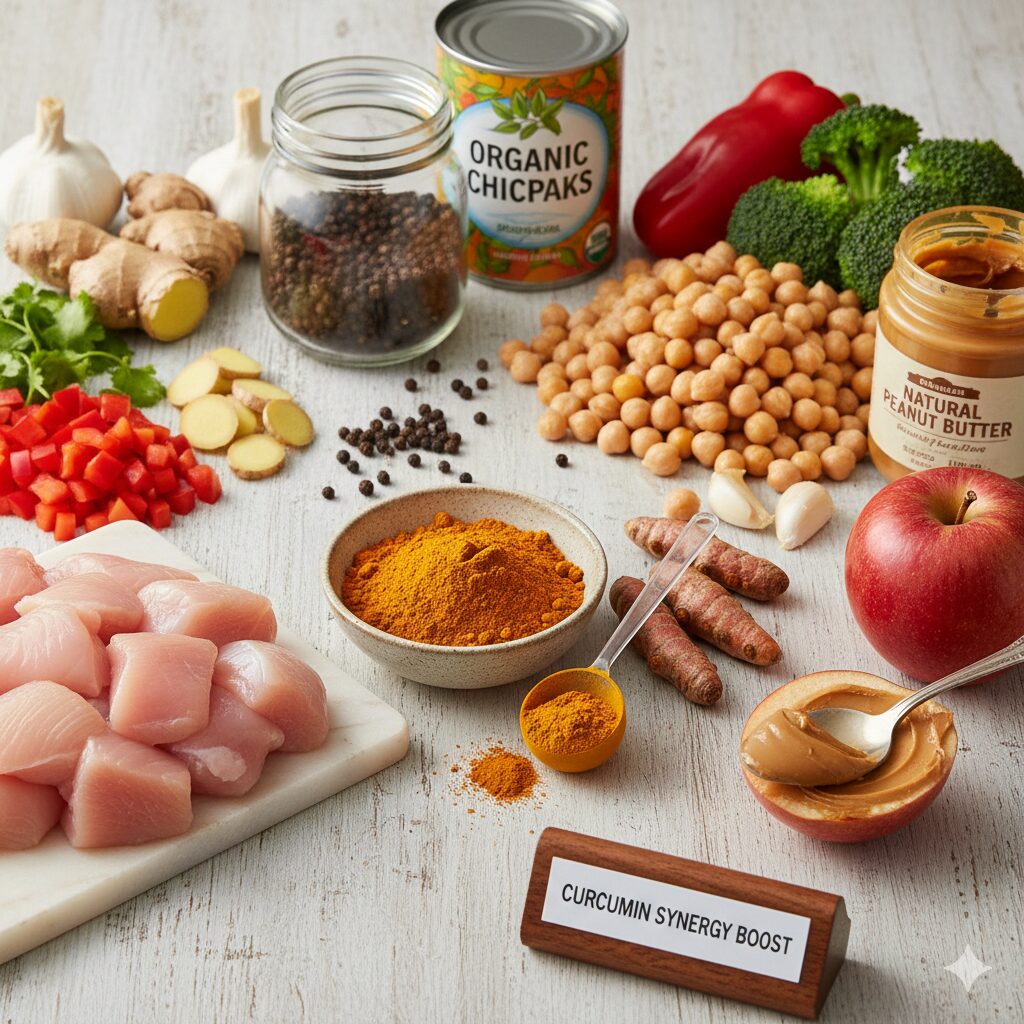 Ingredients for Day 4: Turmeric, Chicken, Chickpeas, and Apples for anti-inflammatory synergy.