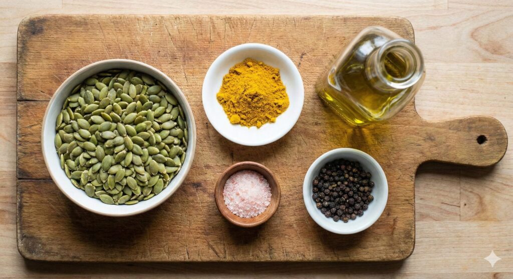 Fresh biohacking ingredients for roasted curry pumpkin seeds, featuring raw green pepitas, vibrant yellow curry powder, avocado oil, and Himalayan pink salt.