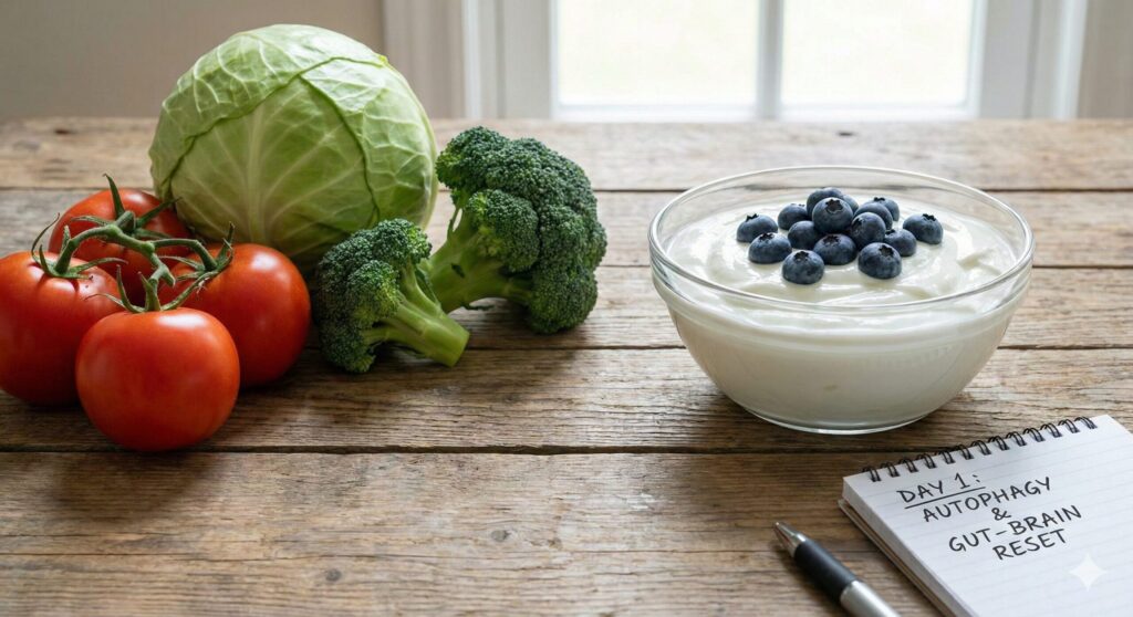 Fresh ingredients for the Day 1 autophagy protocol: tomatoes, cabbage, and broccoli for detox, alongside Greek yogurt and blueberries for the gut-brain axis.
