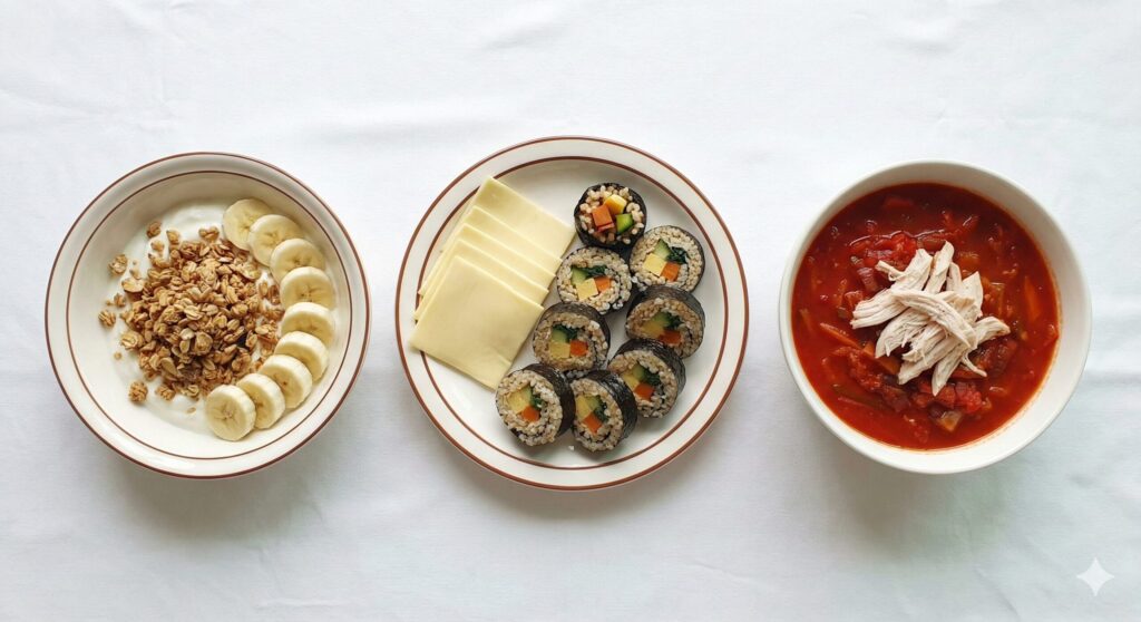 A top-down view of completed biohacking meals on a white tablecloth: a yogurt bowl topped with granola and banana slices, a plate of cheese brown rice seaweed rolls (kimbap), and a bowl of witch soup topped with shredded chicken breast.