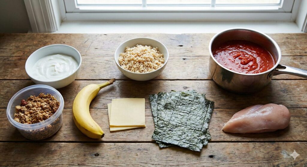 Biohacking diet ingredients laid out on a rustic wooden table, including Greek yogurt, granola, a banana, sprouted brown rice, cheese slices, seaweed sheets, a pot of pre-made witch soup, and a raw chicken breast.