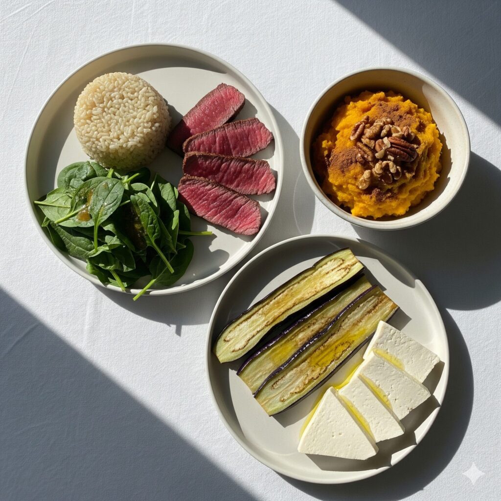 A top-down view of completed biohacking meals: a plate of rice with grilled beef and spinach doenjang salad, a bowl of steamed kabocha cinnamon mash, and steamed eggplant with tofu.