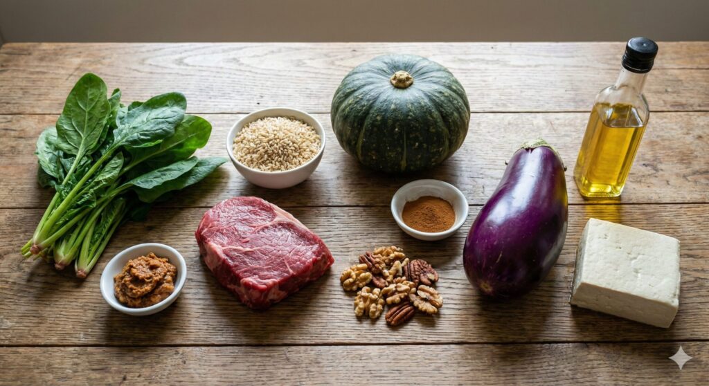 Biohacking diet ingredients laid out on a clean table, including fresh spinach, doenjang, grass-fed beef, kabocha squash, cinnamon, walnuts, eggplant, perilla oil, and tofu.